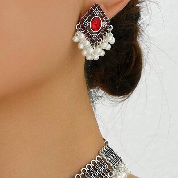 🆕 Women Red Traditional Necklace Dangling Jhumkas Perfect Indian Jewelry Gift - Picture 2 of 7